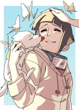 Rule 34 | 2girls, ^ ^, akamaru (naruto), animal, animal on shoulder, black hair, blunt bangs, blush, bug, butterfly, closed eyes, dog, fingernails, forehead protector, grin, happy tears, headpat, highres, hyuuga hinata, insect, konohagakure symbol, licking, long fingernails, multiple girls, nail polish, naruto (classic), naruto (series), out of frame, pnpk 1013, red nails, short hair, smile, solo focus, tears, upper body, yuuhi kurenai