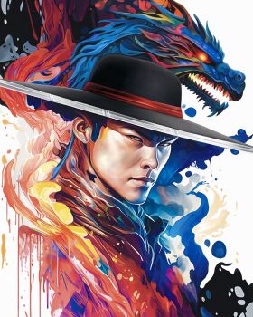 1boy anniversary asian black_hair black_hat commentary dragon eastern_dragon english_commentary glowing glowing_eye hat highres kung_lao mortal_kombat_(series) mortal_kombat_9 nicky_barkla official_art painting_(medium) serious shaolin_monk solo solo_focus traditional_media white_background