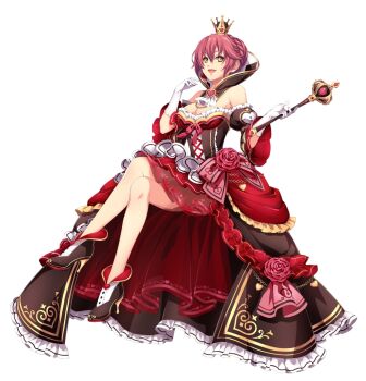 Rule 34 | 1girl, :d, akatsuki no kiseki, breasts, brown eyes, cleavage, cosplay, crossed legs, crown, detached collar, dress, eiyuu densetsu, full body, gloves, hair between eyes, high heels, highres, jpeg artifacts, large breasts, layered dress, mini crown, official art, open mouth, queen of hearts (alice in wonderland), queen of hearts (alice in wonderland) (cosplay), red dress, red hair, sara valestein, sen no kiseki (series), sen no kiseki i, short hair, simple background, smile, solo, third-party source, white background, white gloves