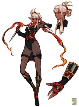 armored_boots armored_gloves arms_up artist_logo black_leotard blunt_bangs bodysuit boots concept_art dark_skin disembodied_hand disembodied_head dungeon_and_fighter elbow_gloves fingerless_gauntlets fingerless_gloves floating_scarf full_body gloves grey_bodysuit hair_bun holster knee_boots knee_up kunai kunoichi_(dungeon_and_fighter) leotard logo long_sidelocks ninja official_art pointy_ears red_scarf scarf sidelocks simple_background single_hair_bun standing thief_(dungeon_and_fighter) thigh_holster w_arms weapon white_background white_hair