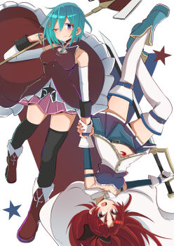 2girls :3 alternate_costume aqua_hair armor black_thighhighs blue_eyes blue_skirt blush boots breastplate breasts cleavage commentary_request cosplay costume_switch eyelashes fang gloves hair_between_eyes holding holding_hands holding_polearm holding_sword holding_weapon long_hair looking_at_viewer mahou_shoujo_madoka_magica mahou_shoujo_madoka_magica_(anime) miki_sayaka miki_sayaka_(cosplay) miki_sayaka_(magical_girl) multiple_girls muneate one_eye_closed open_mouth pink_skirt pleated_skirt polearm red_eyes red_hair sakura_kyoko sakura_kyoko_(cosplay) sakura_kyoko_(magical_girl) skirt sword thighhighs thighs upside-down urei-hibino very_long_hair weapon white_background white_gloves white_thighhighs