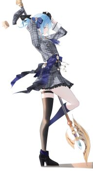 1girl arms_up black_boots black_thighhighs blue_hair boots bow commentary from_side full_body glaive_(polearm) grey_skirt hair_bow hashtag-only_commentary high_heel_boots high_heels highres hololive hoshimachi_suisei jacket plaid_clothes plaid_jacket plaid_skirt polearm skirt solo standing standing_on_one_leg symbol-only_commentary tanishi_(hetianming11093) thighhighs virtual_youtuber weapon