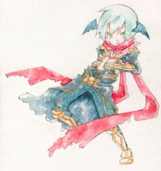 1boy armor assassin_cross_(ragnarok_online) bat_wings black_cape black_pants black_shirt black_wings cape closed_mouth commentary_request full_body green_eyes grey_hair head_wings jumping looking_at_viewer male_focus painting_(medium) pants pauldrons ragnarok_online red_scarf scarf shirt short_hair shoulder_armor simple_background skull slit_pupils solo torn_cape torn_clothes torn_scarf traditional_media v-shaped_eyebrows vambraces waist_cape watercolor_(medium) white_background wings yumekui_(another)