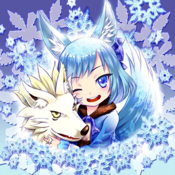 1girl animal animal_ears animal_hug belt blue_eyes blue_hair blue_jacket blue_ribbon brown_capelet capelet emil_chronicle_online hair_ribbon jacket one_eye_closed open_mouth os_aod ribbon shirt smile snowflakes tail upper_body white_shirt whitefang_alma wolf wolf_ears wolf_girl wolf_tail yellow_eyes