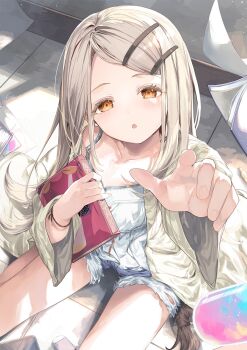 1girl arm_up book camisole collarbone colored_eyelashes commentary_request denim denim_shorts earrings fal_maro feet_out_of_frame fingernails flipped_hair gakuen_idolmaster grey_hair grey_shorts hair_ornament hairclip highres holding holding_book idolmaster indoors jewelry long_hair long_sleeves looking_at_viewer on_floor open_clothes open_mouth open_robe orange_eyes parallel_hairclips parted_bangs reaching reaching_towards_viewer robe shinosawa_hiro shorts sitting solo stud_earrings wariza white_camisole wide_sleeves window_shadow wristband