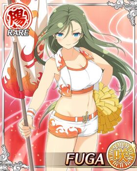 1girl blue_eyes border breasts card_(medium) character_name cheerleader cleavage closed_mouth crop_top english_text flag flame_print fuga_(senran_kagura) game_cg green_hair groin holding holding_flag holding_pom_poms large_breasts long_hair looking_at_viewer midriff mole mole_under_eye navel official_alternate_costume official_art pom_pom_(cheerleading) pom_poms senran_kagura senran_kagura_new_wave shirt shorts smile solo swept_bangs treble_clef white_shirt white_shorts