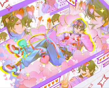1boy 5uper_love_(ensemble_stars!) adjusting_eyewear belt black_hair blue_pants boots chinese_commentary closed_eyes commentary_request crossed_legs dialogue_box ensemble_stars! eyewear_on_head fangs frilled_shirt frilled_shirt_collar frills from_above full_body hair_between_eyes hair_over_shoulder hand_on_eyewear hand_on_own_face hand_up heart heart-shaped_eyewear heart-shaped_pillow heart_belt highres kukuish long_sleeves looking_at_viewer lying male_focus medium_hair multiple_views official_alternate_costume on_back open_mouth pants pillow pink_shirt profile puffy_long_sleeves puffy_sleeves red_eyes sakuma_rei_(ensemble_stars!) shirt shoes smile sparkle v window_(computing)