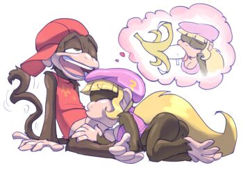 1boy 1girl ape barefoot baseball_cap beret blonde_hair blush bottomless brown_eyes chimpanzee diddy_kong dixie_kong donkey_kong_(series) feet fellatio furry hat hetero long_hair monkey monkey_tail nintendo open_mouth oral penis pink_headwear ponytail red_headwear sex tail toes