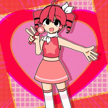 1girl alternate_costume blush_stickers commentary drill_hair drop_shadow feet_out_of_frame highres holding holding_microphone kasane_teto looking_at_viewer microphone miniskirt neckerchief open_mouth outline pink_skirt red_hair red_shirt shirt skirt sleeveless sleeveless_shirt smile solo spoken_for_(synthesizer_v) thighhighs tsuki_no_suna_(tt_ri_ut) twin_drills utau white_neckerchief white_outline white_thighhighs