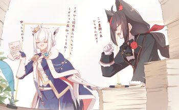2girls ahoge angry animal_ear_fluff animal_ears ascot black_ascot black_hair blue_cape blue_jacket blue_skirt blush braid bun_with_braided_base cape chamomile_(kazumasa) closed_eyes coat commentary_request cosplay crown dark_persona double-parted_bangs double_bun dual_persona fox_ears fox_girl fox_tail fur-trimmed_coat fur_trim gloves gold_crown grey_hair hair_bun hair_ribbon highres holding holding_paper hololive jacket kurokami_fubuki long_hair looking_at_another multicolored_hair multiple_girls official_alternate_costume open_mouth paper paper_stack quill red_eyes red_streaks ribbon shirakami_fubuki shirakami_fubuki_(cosplay) shirakami_fubuki_(fbkingdom) shirakami_fubuki_(parade_dress) shirt side_braid sidelocks single_hair_streak skirt streaked_hair tail tilted_headwear translation_request victorian virtual_youtuber white_gloves white_shirt