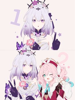 2girls aqua_eyes bright_pupils bug butterfly castorice_(honkai:_star_rail) collar commentary_request detached_sleeves dress drill_hair flower gloves gradient_hair hat highres honkai:_star_rail honkai_(series) hyacine_(honkai:_star_rail) insect ki_ii37 long_hair long_sleeves multicolored_hair multiple_girls one_eye_closed pink_hair pointing purple_eyes purple_hair sparkling_eyes star_(symbol) tiara twin_drills v white_dress white_pupils