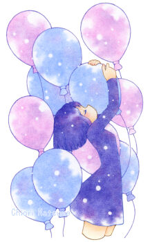 1girl balloon chiori_n closed_eyes colored_pencil_(medium) commentary_request dress hugging_object original purple_dress purple_hair short_hair solo traditional_media