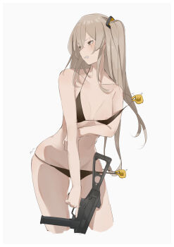 1girl absurdres bikini bikini_pull black_bikini blush brown_eyes clothes_pull collarbone commentary_request covering_privates cowboy_shot cropped_legs crossed_bangs disembodied_hand double-parted_bangs flat_chest girls'_frontline gun h&amp;k_ump hair_between_eyes halterneck highres holding holding_gun holding_weapon leaning_forward light_brown_hair long_hair nipples one_side_up peanut_mouth pulling_another's_clothes scar scar_across_eye scar_on_face sidelocks simple_background solo stomach string_bikini submachine_gun sutekina_awa swimsuit teeth trigger_discipline ump45_(girls'_frontline) weapon white_background
