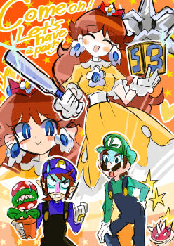 1girl 3boys absurdres baseball_bat blue_eyes blue_overalls brown_hair closed_eyes dress earrings facial_hair flower_earrings gloves green_hat green_shirt hat highres jewelry long_hair luigi mario_(series) mario_party mario_party_3 millennium_star multiple_boys mustache nintendo orange_dress overalls piranha_plant princess_daisy purple_hat purple_shirt rakugaki_shitagari-ya shirt star_(symbol) waluigi white_gloves
