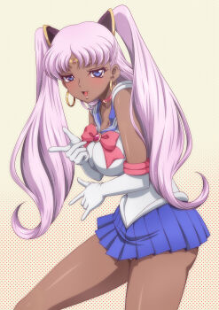 1girl \m/ ass bare_legs bishoujo_senshi_sailor_moon blue_eyes blush bow breasts catherine_sabathra choker code_geass code_geass:_dakkan_no_roze cosplay dark_skin earrings elbow_gloves gloves gradient_background hairstyle_connection highres hoop_earrings jewelry kaname_aomame large_breasts long_hair looking_at_viewer meme miniskirt polka_dot polka_dot_background sailor_moon sailor_moon_(cosplay) sailor_senshi_uniform shiny_skin simple_background skirt smile tan tiara tsuki_ni_kawatte_oshioki_yo twintails very_long_hair white_gloves white_hair
