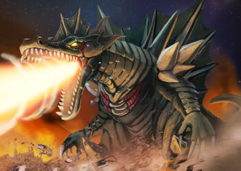 1other breath_weapon breathing_fire burning claws commentary_request debris fire gairyuga giant giant_monster highres kaiju night no_humans no_pupils nostrils open_mouth outdoors partial_commentary sharp_teeth shoulder_spikes sky smoke solo spikes spines star_(sky) tail teeth tokusatsu ultra_series ultraman_omega_(series) yamakazema yellow_eyes