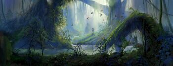 1other absurdres ambiguous_gender bird commentary_request concept_art day foliage forest highres nature original outdoors scenery standing tree user_hsms5455 very_wide_shot water wetland