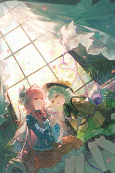 2girls bad_source brown_dress curtains dress flower fox_mask green_dress green_hair highres maccha_(mochancc) mask multiple_girls open_mouth pink_eyes pink_hair sitting tail touhou window yellow_eyes