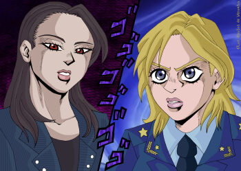 2girls absurdres black_hair blonde_hair blue_eyes confrontation formal_clothes highres jojo_no_kimyou_na_bouken jojo_no_kimyou_na_bouken kim_yo-jong lipstick makeup medium_hair menacing multiple_girls natalia_poklonskaya parody real_life red_eyes short_hair simple_background smile split_screen style_parody suit veronica_mortensen