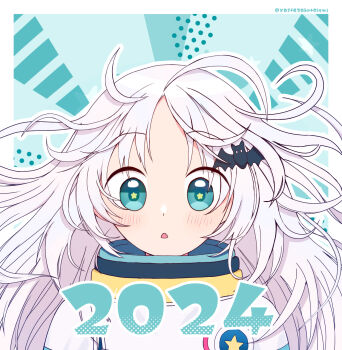 1girl alternate_costume aqua_background aqua_eyes bat_hair_ornament blush border chestnut_mouth commentary_request dated fang floating_hair hair_between_eyes hair_ornament highres little_busters! long_hair looking_at_viewer noumi_kudryavka open_mouth outline outside_border simple_background solo spacesuit star-shaped_pupils star_(symbol) star_print symbol-shaped_pupils twitter_username upper_body white_border white_hair white_outline xdjf63qbpt0iqmj