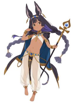 1girl absurdres agrafl ancient_egyptian_clothes animal_ear_piercing animal_ears ankh anklet armlet barefoot black_cape black_hair bracer braid cape closed_mouth colored_inner_hair dark-skinned_female dark_skin earrings expressionless extra_ears flat_chest full_body harem_pants highres holding holding_staff hood hood_down hooded_cape if_you_want_to_become_a_godly_artist_(trend) jewelry long_hair looking_at_viewer midriff multicolored_hair navel neck_ring orange_eyes original pants pelvic_curtain puffy_pants purple_hair see-through_clothes see-through_pants simple_background solo staff standing tail triangle_earrings twin_braids two-sided_cape two-sided_fabric two-tone_hair usekh_collar very_long_hair white_background white_pants