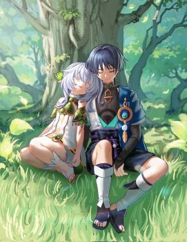 070203wjx 1boy 1girl against_tree anklet aqua_gem arm_on_thigh armlet armor arms_at_sides asymmetrical_sidelocks bare_shoulders belt black_belt black_bodysuit black_bow black_bridal_gauntlets black_sandals black_shorts bloomers blue_cape blue_kimono blunt_ends bodysuit bow braid bridal_gauntlets brooch cape choppy_bangs closed_eyes closed_mouth colored_eyelashes detached_sleeves dress facing_another facing_down feathers fingernails full_body gem genshin_impact gold_ring gold_trim grass green_gem green_sleeves grey_hair hair_intakes hair_ornament half_crown_braid hetero highres japanese_armor japanese_clothes jewelry juban kimono kote kurokote leaf leaf_hair_ornament leaning_on_person leg_warmers legs_together long_hair mandarin_collar middle_ring nahida_(genshin_impact) open_clothes open_hands open_kimono open_mouth outdoors pointy_ears pom_pom_(clothes) purple_rope purple_sash rope sandals sash scaramouche_(genshin_impact) shorts shoulder_peek side_cape side_ponytail sidelocks sitting sleeping socks stirrup_footwear stirrup_legwear tassel teeth toeless_legwear toenails toes tree underwear upper_teeth_only vision_(genshin_impact) wanderer_(genshin_impact) white_bloomers white_dress white_eyelashes white_kimono white_leg_warmers white_socks yellow_feathers yokozuwari zouri