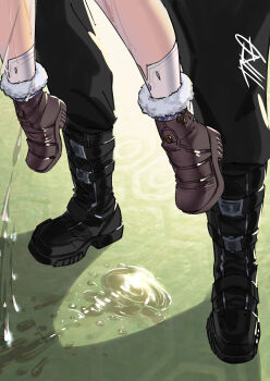 absurdres black_pants black_shoes brown_shoes floor highres legs legs_apart lower_body male_rover_(wuthering_waves) nivora_(wuthering_waves) pants pussy_juice reverse_suspended_congress rover_(wuthering_waves) sex sex_from_behind shoes signature socks standing standing_sex suggestive_fluid tira_(tiiramiiisu2) white_socks wuthering_waves