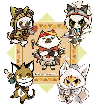 1boy 6+others aa2233a animal_ears animal_hands black_fur blue_eyes brown_eyes brown_fur bugtrapper cat_boy cat_ears cat_tail chef chibi chibi_only chibikemo chinese_commentary colorpoint_(pattern) commentary crossed_arms digitigrade english_commentary felyne fur-trimmed_hood fur_trim furry furry_male goggles grimalkyne hat heterochromia holding holding_polearm holding_weapon hood hood_up horns kadachi_(palico_armor) kirin_(palico_armor) kitchen_felyne leather_(palico_armor) lynx meowscular_chef mixed-language_commentary monster_hunter:_world monster_hunter_(series) multiple_others orange_fur other_focus pawpads player_palico polearm ponytail single_horn tail weapon white_hair yellow_eyes