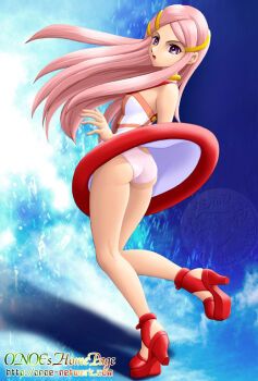 1girl anemone_(eureka_seven) ass bare_shoulders blush breasts collar dress eureka_seven eureka_seven_(series) female_focus from_behind hair_ornament hairclip high_heels long_hair looking_at_viewer onoe open_mouth panties pink_hair platform_footwear platform_heels purple_eyes shoe_soles sideboob sleeveless sleeveless_dress smile solo sundress underwear very_long_hair