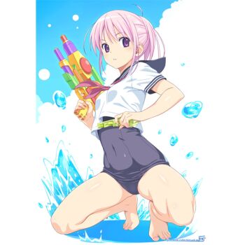 1girl barefoot breasts covered_navel dual_wielding female_focus gun holding holding_gun holding_weapon koutaro old_school_swimsuit one-piece_swimsuit parted_lips pink_eyes pink_hair school_swimsuit school_uniform serafuku short_sleeves small_breasts solo splashing squatting swimsuit swimsuit_under_clothes water water_gun weapon