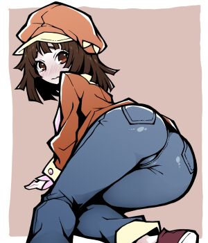 1girl :| akableak all_fours ass ass_focus bakemonogatari blue_pants blush border brown_background brown_eyes brown_hair brown_hat brown_jacket brown_shoes casual choppy_bangs closed_mouth commentary denim english_commentary from_behind hat highres jacket jeans long_sleeves looking_at_viewer looking_back medium_hair meek_nadeko monogatari_(series) newsboy_cap nose_blush on_ground outside_border pants pink_shirt raised_eyebrows sengoku_nadeko shirt shoes sneakers solo thick_eyebrows thick_outlines wavy_mouth white_border