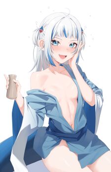 1girl :d absurdres blue_eyes blue_hair blue_kimono blue_streaks blunt_bangs blush commentary drunk fins fish_tail gawr_gura grey_hair hand_on_own_cheek hand_on_own_face highres holding hololive hololive_english japanese_clothes kimono long_hair looking_at_viewer multicolored_hair naked_kimono navel open_clothes open_mouth shark_girl shark_tail sharp_teeth simple_background smile solo streaked_hair tail teeth two_side_up virtual_youtuber white_background yubbiidraw yukata