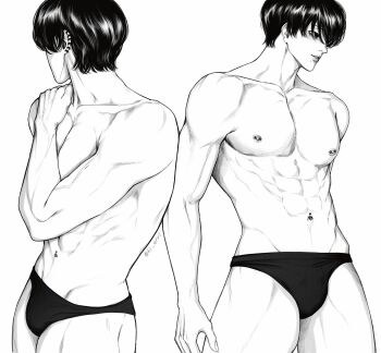 1boy abs black_hair bulge chainsaw_man ear_piercing greyscale hi_erri highres male_chest male_focus male_swimwear monochrome muscular muscular_male nipple_piercing non-web_source piercing swim_trunks underwear underwear_only veins veiny_arms yoshida_hirofumi