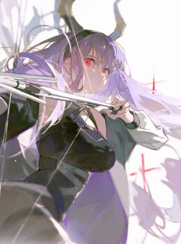 1girl arknights bare_shoulders black_dress black_hairband black_shirt bow_(weapon) breasts closed_mouth crossbow dress hair_between_eyes hairband highres holding holding_weapon horns jacket large_breasts long_hair long_sleeves looking_at_viewer noland off_shoulder open_clothes open_jacket purple_hair red_eyes shirt simple_background solo typhon_(arknights) upper_body very_long_hair weapon white_background white_jacket