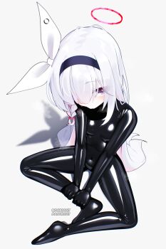 black_eyes blue_archive blush bodysuit bow_hairband hairband latex latex_bodysuit long_hair maguro27 white_hair