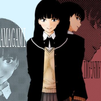 2girls amagami arms_behind_back ayatsuji_tsukasa black_bow black_bowtie black_eyes black_hair black_jacket bow bowtie collared_shirt commentary_request copyright_name dual_persona grey_skirt highres isuke_(isuke_now) jacket multiple_girls parted_lips pleated_skirt school_uniform shirt skirt smile sweater white_shirt yellow_sweater