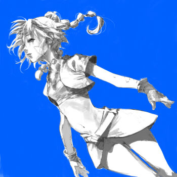 1girl bandages chrono_cross commentary_request crop_top facial_mark gloves greyscale high_ponytail highres jewelry kid_(chrono_cross) long_hair midriff monochrome multi-tied_hair navel necklace ponytail skirt solo vest yuanmaru