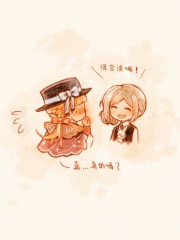 Rule 34 | 2girls, ^ ^, ascot, black hat, black vest, blonde hair, blue bow, blush, boater hat, bow, chibi, chinese text, ciaosalut, cloak, closed eyes, cropped torso, face-to-face, facing another, facing away, flying sweatdrops, grey hair, hair bun, hand up, hat, hat bow, headwear switch, highres, kiperina, long hair, low ponytail, multiple girls, open mouth, ponytail, red cloak, reverse:1999, shirt, short hair, single side bun, translation request, upper body, vertin (reverse:1999), vest, white ascot, white shirt, yellow background