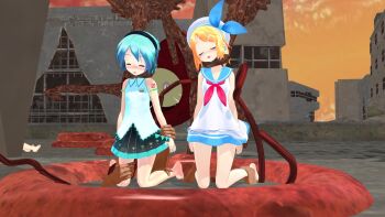 2girls 3d asphyxiation bad_end blonde_hair blue_hair closed_eyes death defeat diamond_chan dying full_body hatsune_miku headphones kagamine_rin legs loli mikumikudance miniskirt monster multiple_girls neck_grab open_mouth ryona size_difference skirt source_request strangling tentacles unconscious vocaloid vore