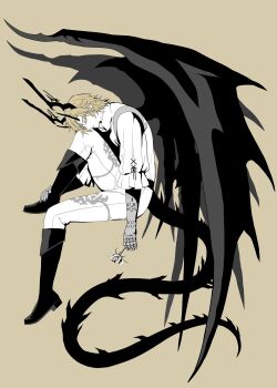 Rule 34 | 1boy, armor, black boots, blonde hair, boots, clawed gauntlets, closed eyes, closed mouth, commentary request, dion lesage, dragon boy, dragon horns, dragon tail, dragon wings, final fantasy, final fantasy xvi, flower, frilled sleeves, frills, gauntlets, head on knee, highres, holding, holding flower, horns, knee up, male focus, megubiru, pants, profile, shirt, simple background, sitting, solo, tail, white pants, white shirt, wings, yellow background