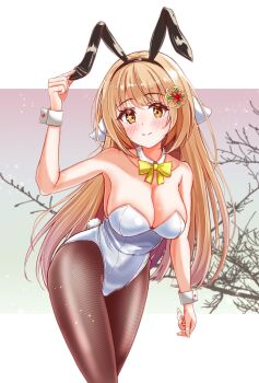 1girl breasts brown_hair cleavage highres leotard okutsu_kagami onsen_musume playboy_bunny white_leotard