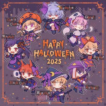2025 6+girls :d :p ;d alternate_costume american_flag_dress animal_ears asymmetrical_legwear bat_wings bell black_boots black_cape black_dress black_gloves black_hat black_shirt blonde_hair blue_eyes bone boots bow braid broom broom_riding candy cape cat_ears cat_girl chibi chibi_only clownpiece commentary crescent crescent_hair_ornament crescent_hat_ornament crossed_legs dress english_commentary english_text extra_ears fang fangs fingerless_gloves fingernails food footwear_bow ghost_costume ghost_pose gloves grin hair_bow hair_ornament halloween happy_halloween hat hat_bow hat_ornament hat_ribbon highres hitodama holding holding_bone holding_candy holding_food holding_lollipop holding_skull hood hood_up imaizumi_kagerou jack-o&#039;-lantern_hat japanese_clothes kaenbyou_rin kimono kirisame_marisa kurodani_yamame lantern lollipop long_hair long_sleeves mirei_(miirei) mismatched_legwear mismatched_thighhighs miyako_yoshika multiple_girls neck_bell ofuda ofuda_on_head one_eye_closed open_mouth orange_bow orange_dress orange_thighhighs outstretched_arm outstretched_arms pinafore_dress pink_eyes pink_hair pumpkin_hat purple_bow purple_dress purple_eyes purple_hair purple_hat purple_ribbon purple_thighhighs red_cape red_eyes red_hair ribbon saigyouji_yuyuko sharp_fingernails shirt short_hair short_sleeves side_braid single_braid skull sleeveless sleeveless_dress slit_pupils smile star_(symbol) star_print star_symbol_background thighhighs tongue tongue_out touhou twin_braids two-sided_cape two-sided_fabric two-tone_bow two-tone_dress v-shaped_eyebrows white_kimono wide_sleeves wing_hair_ornament wings witch_hat wolf_ears wolf_girl yellow_eyes zombie_pose