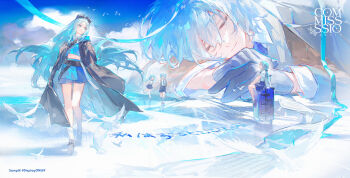 1boy 1girl absurdres belt bird blue_gloves blue_hair blue_ribbon blue_shirt blue_skirt blue_sky brown_belt brown_coat chest_harness closed_eyes closed_mouth cloud coat commission day eyelashes eyewear_on_head floating_hair full_body gloves harness highres long_hair long_sleeves looking_at_another ocean original outdoors pleated_skirt profile renjian_shilian ribbon running sample_watermark shirt shoes short_hair siblings sitting skirt sky smile socks suitcase sunlight walking watermark white_bird white_socks wind