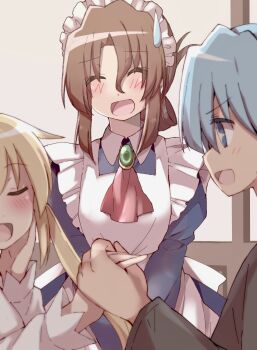 1boy 2girls apron artist_request ayasaki_hayate blonde_hair blue_eyes blue_hair blush brown_hair closed_eyes dress folded_ponytail hand_grab hayate_no_gotoku! highres holding indoors long_hair maid maid_headdress maria_(hayate_no_gotoku!) multiple_girls open_mouth sanzen'in_nagi smile solo_focus twintails