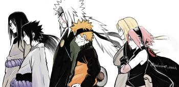 Rule 34 | 2girls, 4boys, bare shoulders, black gloves, black hairband, black headband, black jacket, black sleeves, black vest, blonde hair, breasts, closed mouth, facial mark, forehead mark, forehead protector, gloves, hair between eyes, hairband, hand on own hip, haruno sakura, headband, highres, jacket, japanese clothes, jiraiya (naruto), large breasts, low ponytail, low twintails, medium breasts, medium hair, multicolored jacket, multiple boys, multiple girls, naruto (series), naruto shippuuden, orange jacket, orochimaru (naruto), own hands clasped, own hands together, parted bangs, pink hair, ponytail, rope belt, sakulove sssk, shirt, short hair, smile, spiked hair, tsunade (naruto), twintails, two-tone jacket, uchiha sasuke, upper body, uzumaki naruto, vest, whisker markings, white background, white hair, white shirt