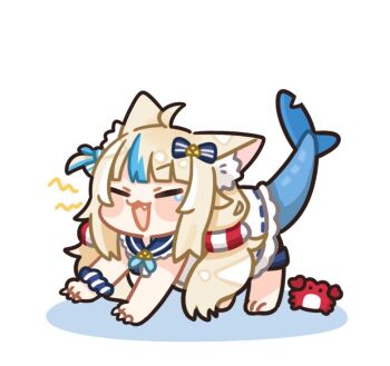 Rule 34 | 1girl, :3, :d, ahoge, all fours, animal ear fluff, animal ears, barefoot, blonde hair, blue hair, blue sailor collar, blunt bangs, blush stickers, cat ears, chibi, chibi only, closed eyes, commentary, crab, dress, fang, fins, fish girl, fish tail, frilled sailor collar, frills, full body, indie virtual youtuber, kaniki (sameko saba), lifebuoy hair ornament, long hair, multicolored hair, one side up, open mouth, sailor collar, same anko, sameko saba, sameko saba (1st costume), simple background, smile, solo, streaked hair, symbol-only commentary, tail, teardrop, two-tone hair, virtual youtuber, white background, white dress