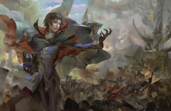 1boy battle black_hair cape christian_angel cloud code_geass destruction helmet highres holding holding_unworn_helmet lelouch_vi_britannia mecha outstretched_hand robot smoke unworn_headwear unworn_helmet zero_(code_geass)