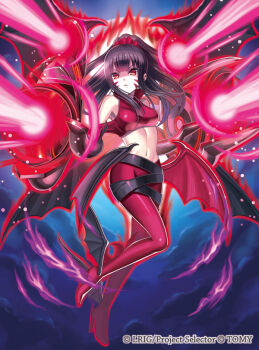 1girl black_hair breasts commentary_request copyright_notice demon_girl demon_wings looking_at_viewer madopen medium_breasts official_art open_mouth pants ponytail red_eyes red_pants red_scrunchie red_shirt scrunchie shirt solo wings wixoss yuzuki_(wixoss)