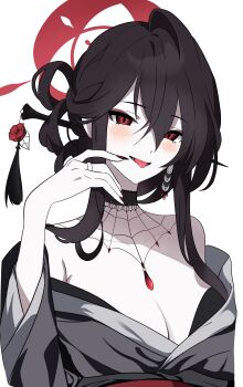 1girl absurdres bare_shoulders black_choker black_hair black_nails blue_archive blush breasts choker cleavage commentary_request earrings eyeliner goth_fashion grey_kimono hair_between_eyes hair_ornament hair_stick hakusimi_8943 halo hand_up highres japanese_clothes jewelry kimono kokuriko_(blue_archive) large_breasts long_hair long_sleeves looking_at_viewer makeup open_mouth red_eyeliner red_eyes red_halo simple_background single_earring solo spider_web_pattern tongue tongue_out upper_body white_background