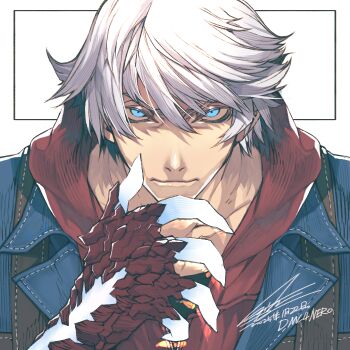1boy blue_eyes blue_jacket character_name claws closed_mouth dated devil_may_cry devil_may_cry_(series) devil_may_cry_4 grey_hair hair_between_eyes hiryuu_(kugelcruor) hood hoodie jacket looking_at_viewer male_focus nero_(devil_may_cry) red_hoodie short_hair signature solo upper_body white_background